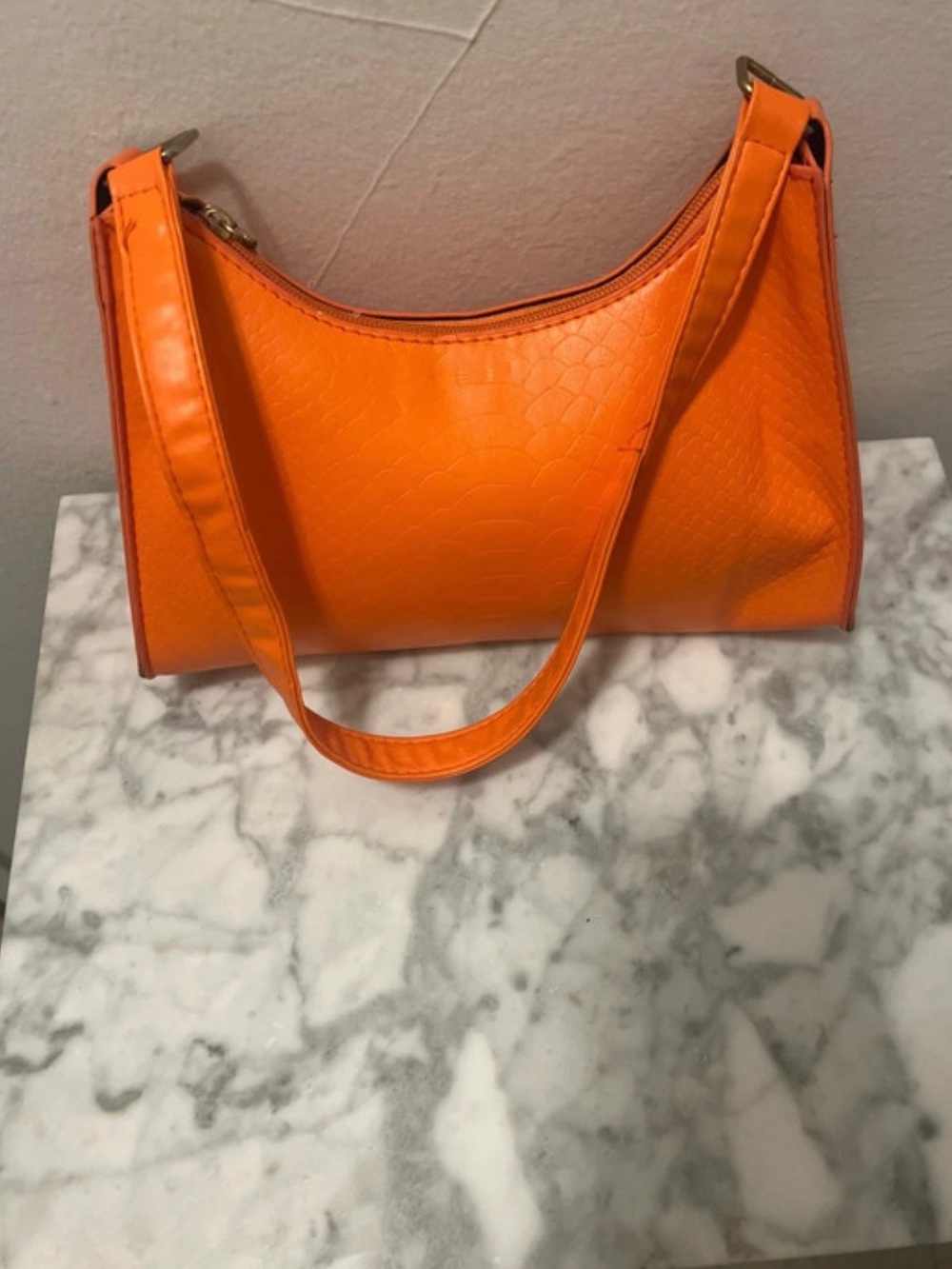 Vibrant Orange Small Shoulder Bag with Croc Texture